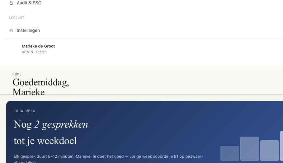 JustACallTrainer-dashboard met persoonlijke weekdoelen voor gesprekstraining