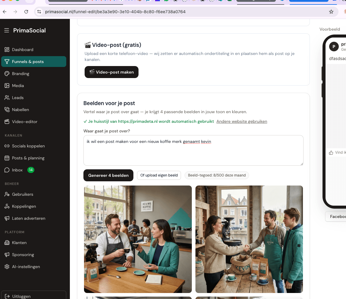 PrimaSocial-dashboard met de AI-beeldgenerator voor social posts