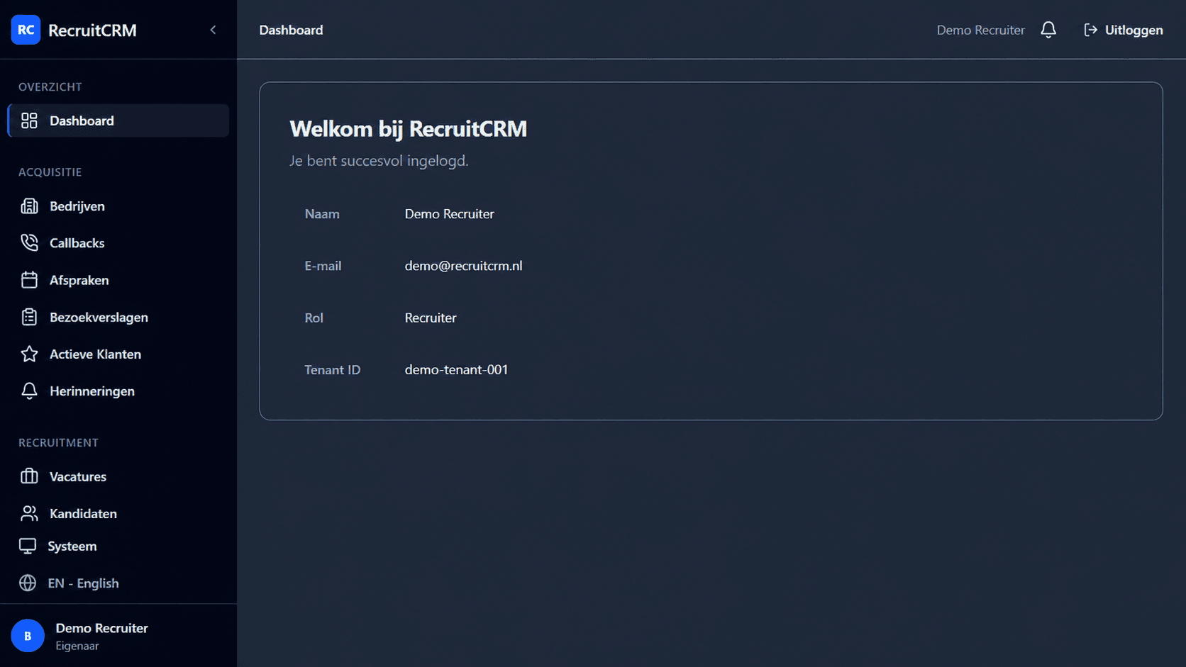 RecruitCRM-dashboard met acquisitie- en recruitmentmodules