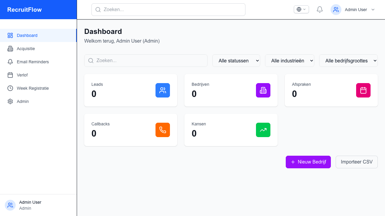 RecruitFlow-dashboard met leads, bedrijven, callbacks en afspraken
